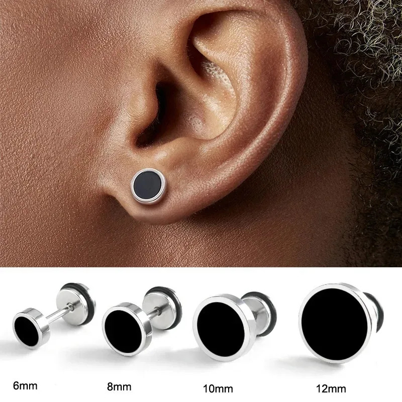 2pcs 16G Steel Mens Earings Round Black Oil Drip Stud Earrings For Men Fashion Stainless Steel Punk Jewelry Gift 250829