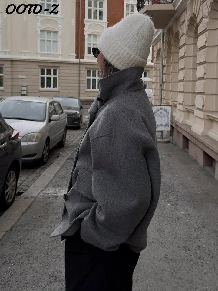 Woolen Solid Women Coat Full Sleeve Lapel Female Jacket Elegant Autumn Winter Casual Button Front Pocket Lady Oversize Top 250911