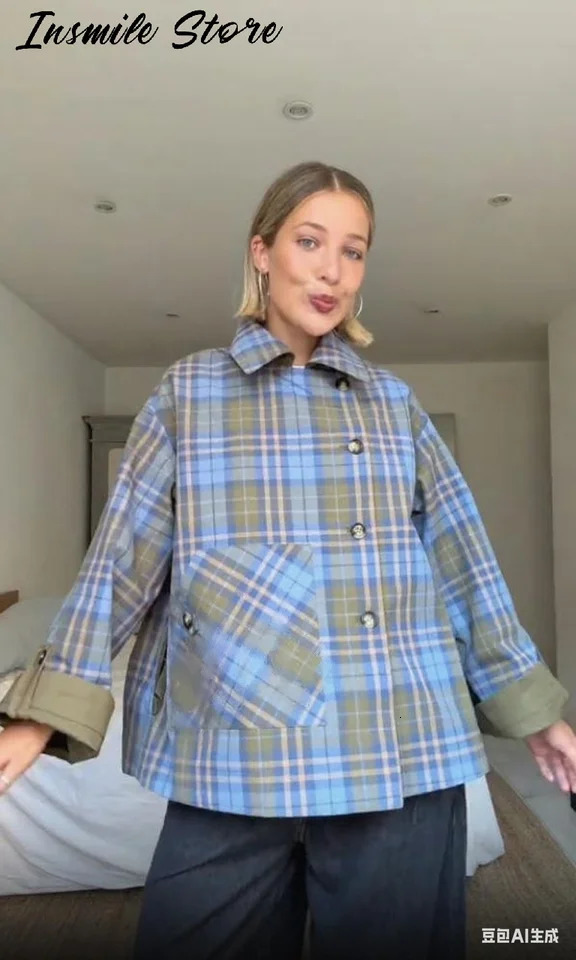 Chic Plaid Double Side Coats Women Lapel Single Breasted Long Sleeve Pocket Lace Up Jacket 2025 Autumn Lady Casual Outwear 250901