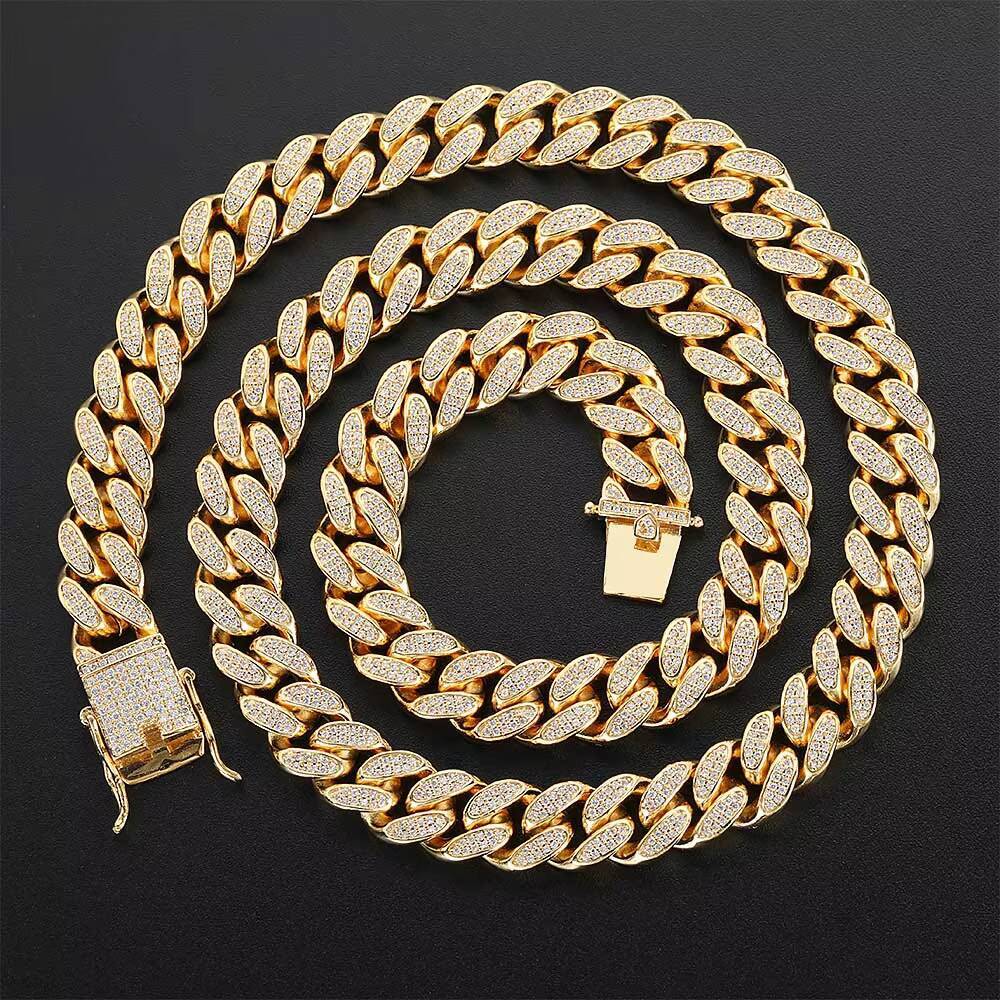 Cadena Cubana 18K Gold Plated Iced Out Jewelry Diamond Miami Cuban Link Chain Necklace