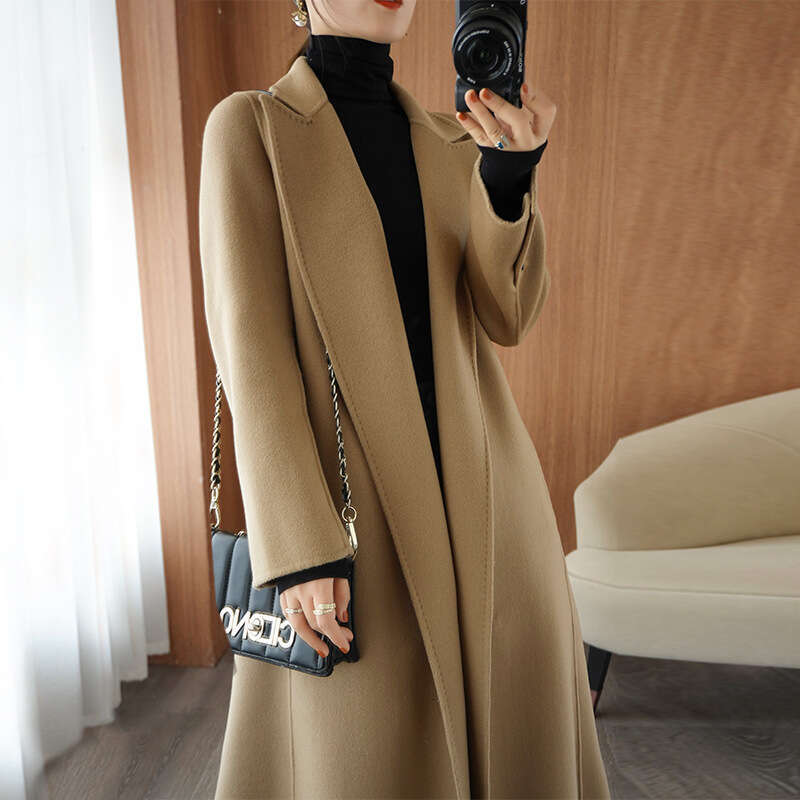 Camel Double-Sided Cashmere for Women, Long Style with Tie, Korean Version, Loose Straight Cut, New Autumn and Winter Woolen Coat
