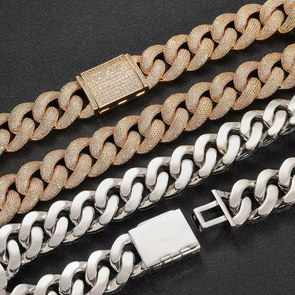 Hip Hop Jewelry 15mm Chunky Cuban Chain Iced Out CZ Stone Gold Cuban Miami Chain Miami Cuban Chain Necklace