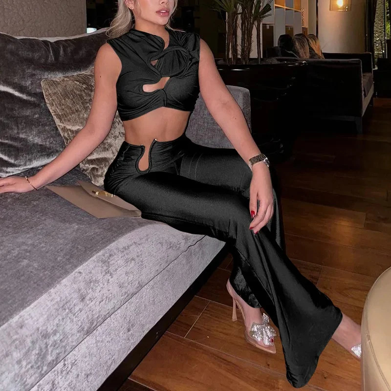 Summer Womens Two Piece Set Chic Y2K Hollow Sliky Tank TopsShirring Pants Female Trend Sexy Street Matching Suits 250901