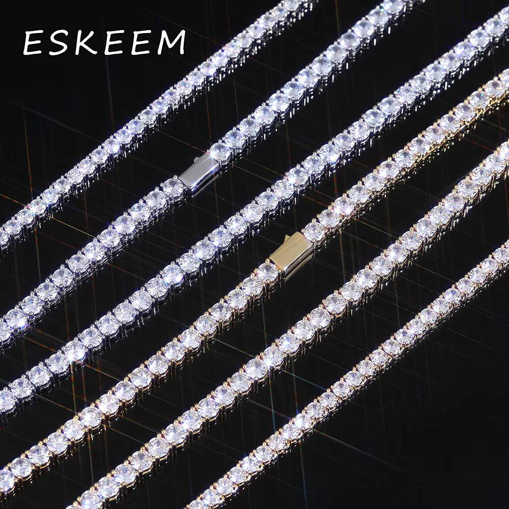 Women Jewelry 3mm4mm5mm VVS Moissanite Diamond Tennis Chain Spring Buckle White Gold 925 Sterling Silver Tennis Necklace