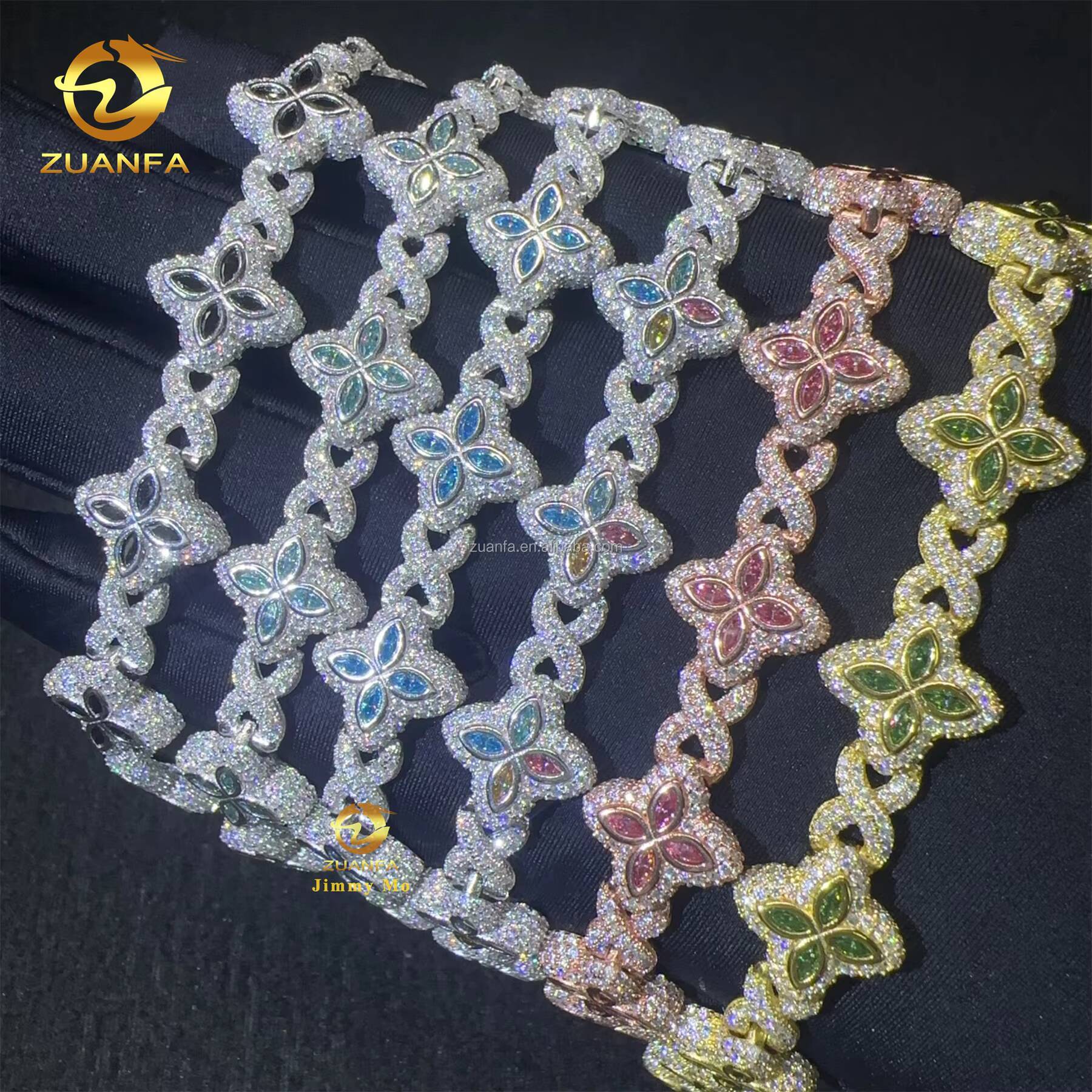 Bulk Stock New Design 15mm Marquise Flower Design Hip Hop Jewelry Iced Out Moissanite Diamond Infinity Cuban Link Bracelet Men