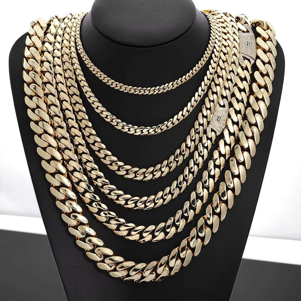 European American Trendyy HipHop 14K Gold Glossy Cuban Chains Necklace Mens Versatile Personalized Fashion Accessories