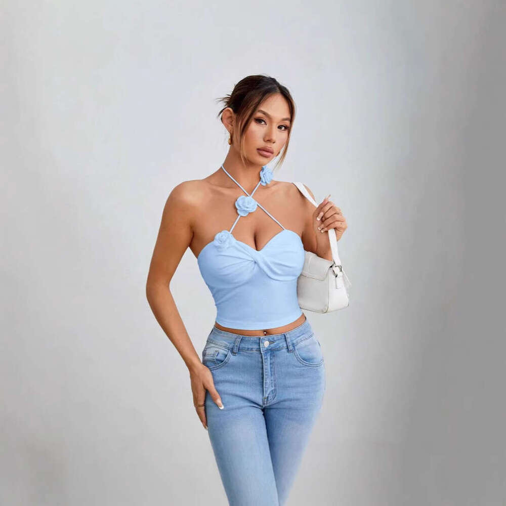 Pure Desire Summer Three-Dimensional Lace-Up Rose Flower Pin Tie Vest for Women French Style Hot Girl Halter Top