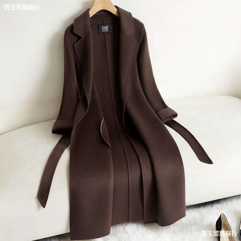 Double-Sided Cashmere for Women, Mid-Length, 2024 Autumn/Winter New Style, High-End Feel, Elegant Waist-Cinching, Coffee Color Woolen Coat