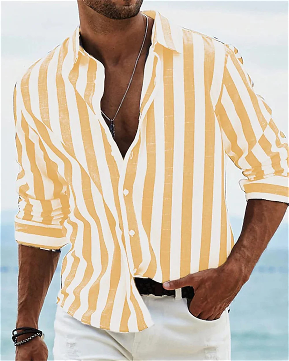 Mens Long sleeved Blue Stripe Printed Shirt Social Mens Wear Hawaii Elegant Classic Fashion Solid Color 250829