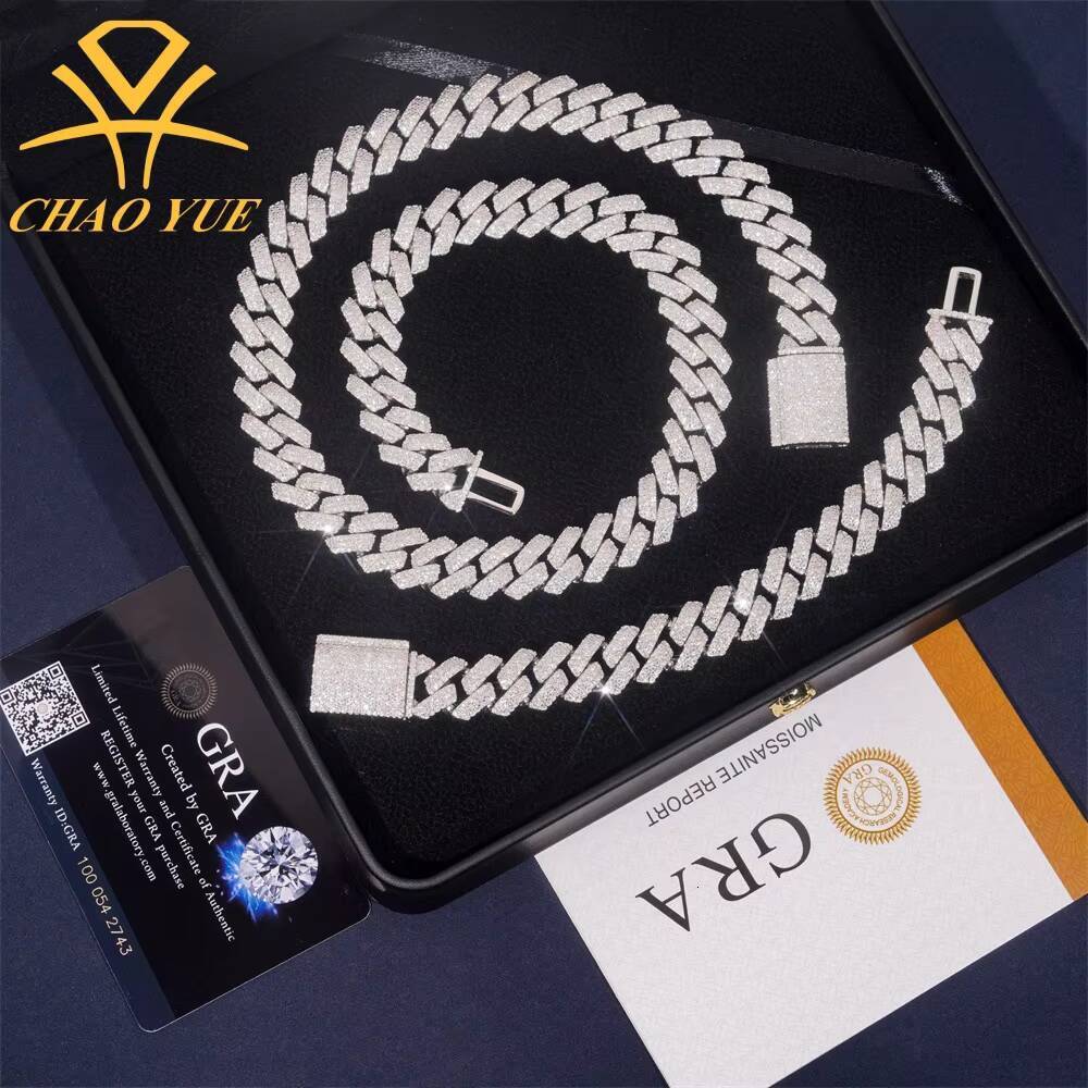 New Hot 925 Silver European American Mens Hip Hop Cuban Style VVS Moissanite Necklace Bracelet 14mm Three Rows Stone Collarbone