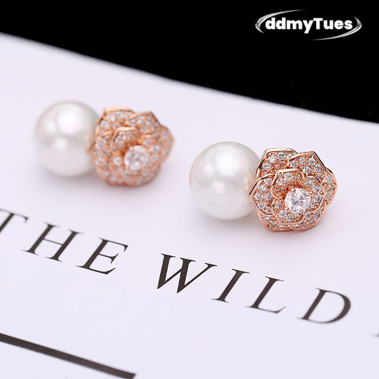 Elegant Freshwater Camellia Flower Earrings for Women Dia Zircon Stud Ball Pearl Earring Fashion Wedding Jewelry Nice Gift ddmythur