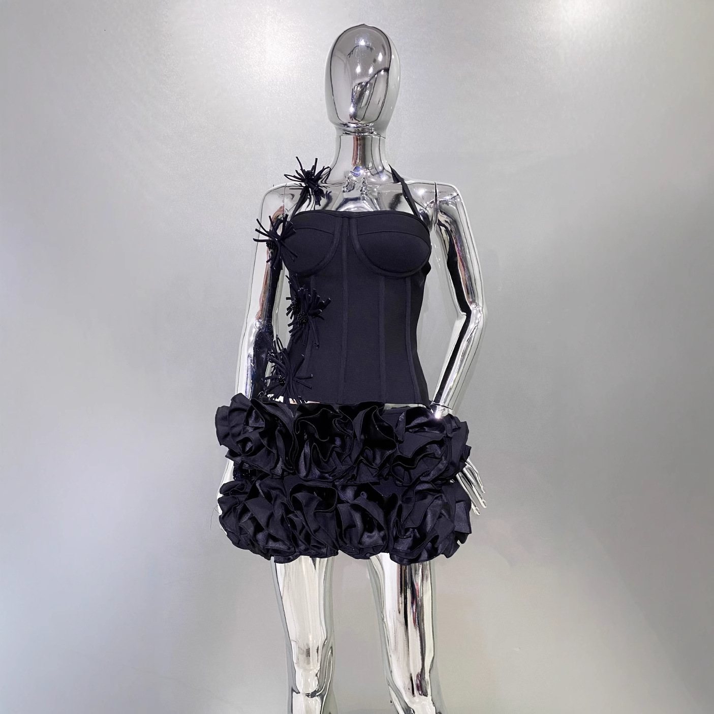 Halter Neck Top Flower Bud Short Skirt Set Fashion Hot Party Island Vacation Bandage Dress 250106