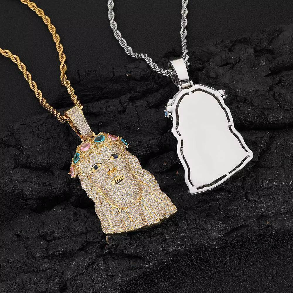 Iced Out Hip Hop Charm Pendant Jesus Piece Custom Rainbow Big Heavy Jesus Head Pendant Necklace