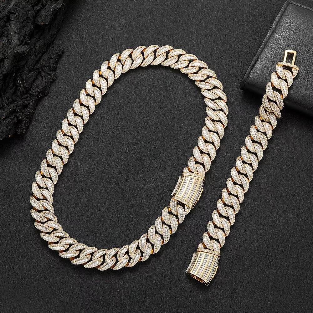 Hip Hop Men Chunky Necklace Iced Out Bling CZ Thick Heavy 15mm Baguette Prong Cuban Link Chain