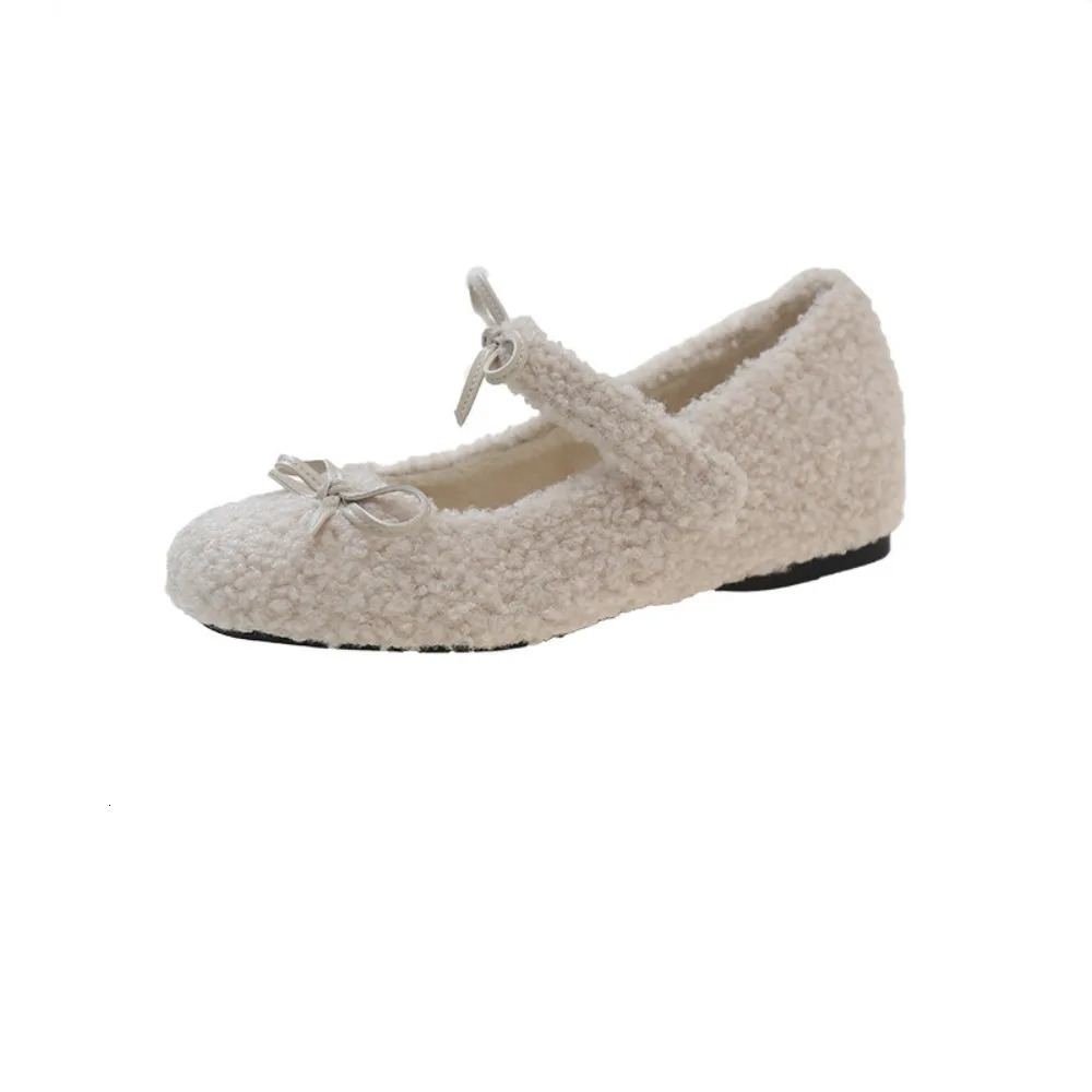 Womens Shearling Ballet Flats with Rabbit Fur Plush Lined Crystal Buckle Mary Jane Flat Shoes 250901