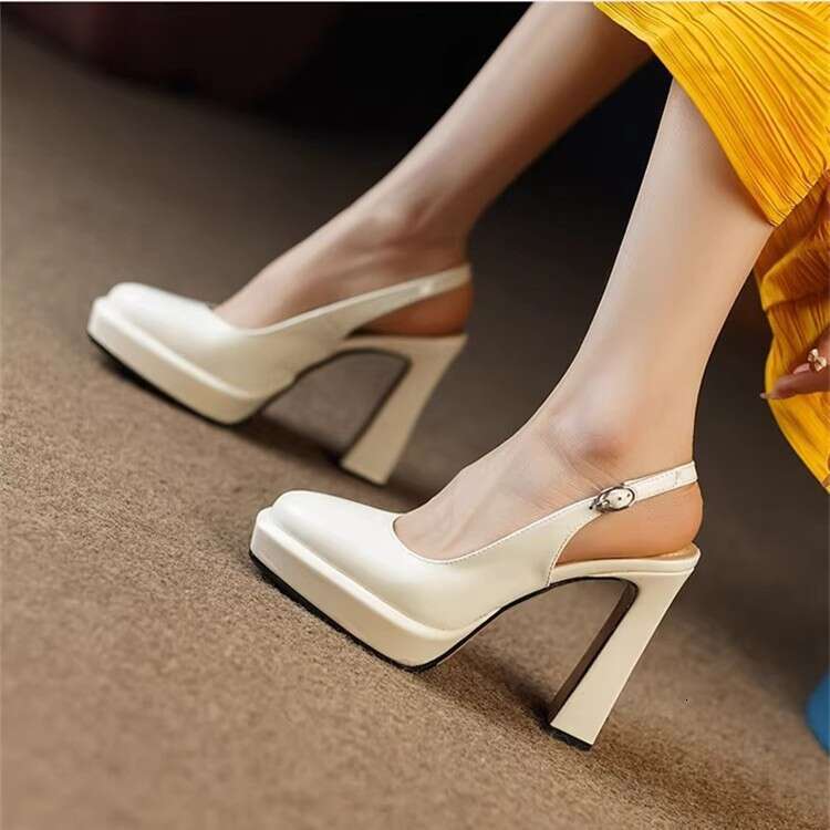 Waterproof Platform High Heels Women Thick Heel 2025 Spring Designer Shoe Summer New Closed-Toe Sandals Patent Leather Apricot Women's Shoes
