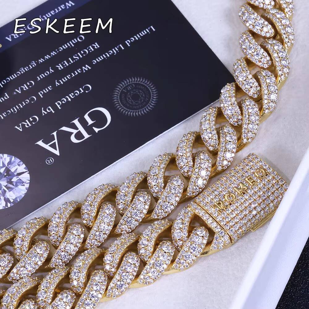 Hip Hop Jewelry 15mm Three Row Diamond Cuban Link Chain Personalized Custom 925 Silver Moissanite Cuban Necklace for Women