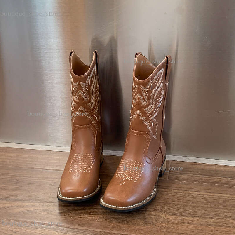 2025 New Embroidered Long Leg Cycling Square Toe Thick Heel Autumn Genuine Leather Women's Cowboy Boots