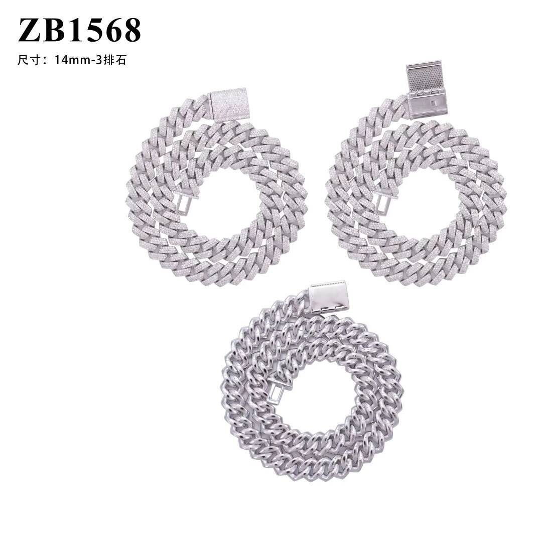 New Hot 925 Silver European American Mens Hip Hop Cuban Style VVS Moissanite Necklace Bracelet 14mm Three Rows Stone Collarbone