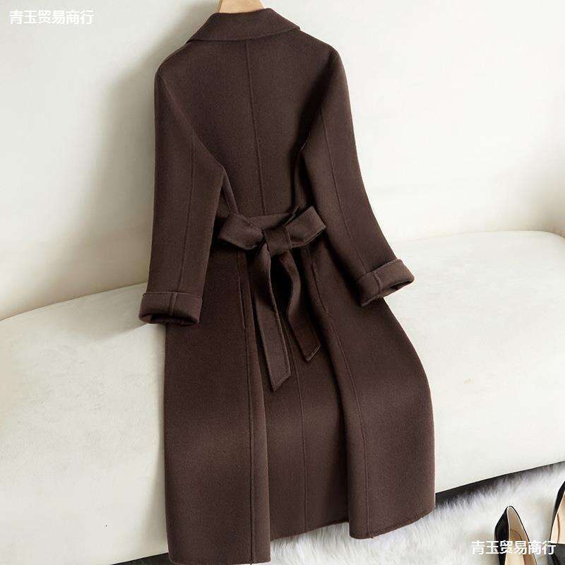 Double-Sided Cashmere for Women, Mid-Length, 2024 Autumn/Winter New Style, High-End Feel, Elegant Waist-Cinching, Coffee Color Woolen Coat