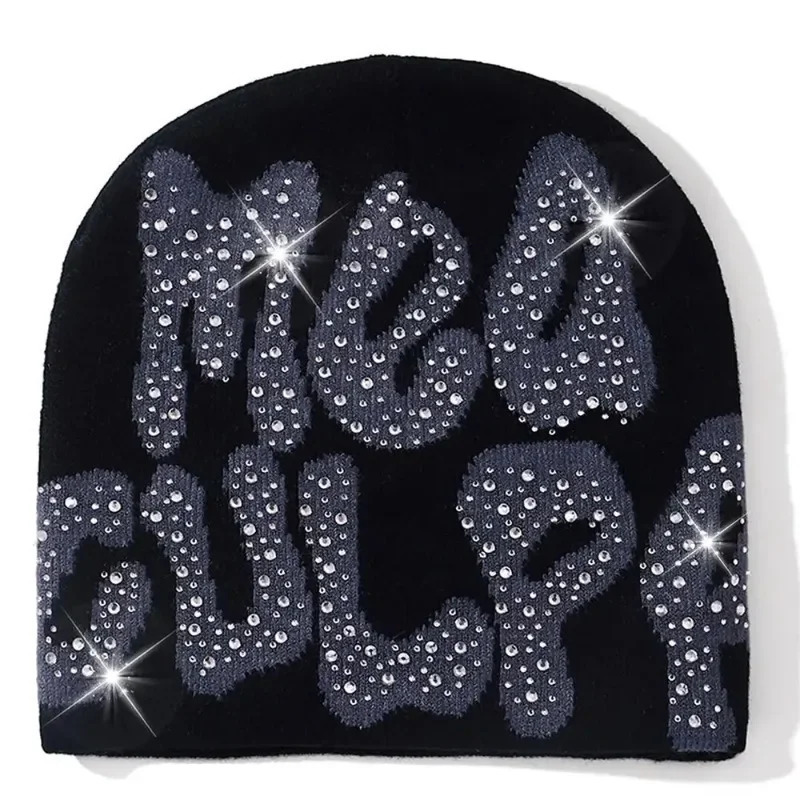 Y2K MEA Culpa Beanies Hat with Rhinestone for Women Men Beanies Hats Hiphop Soft Stretch Warm Knitted Slouchy Cap 250901