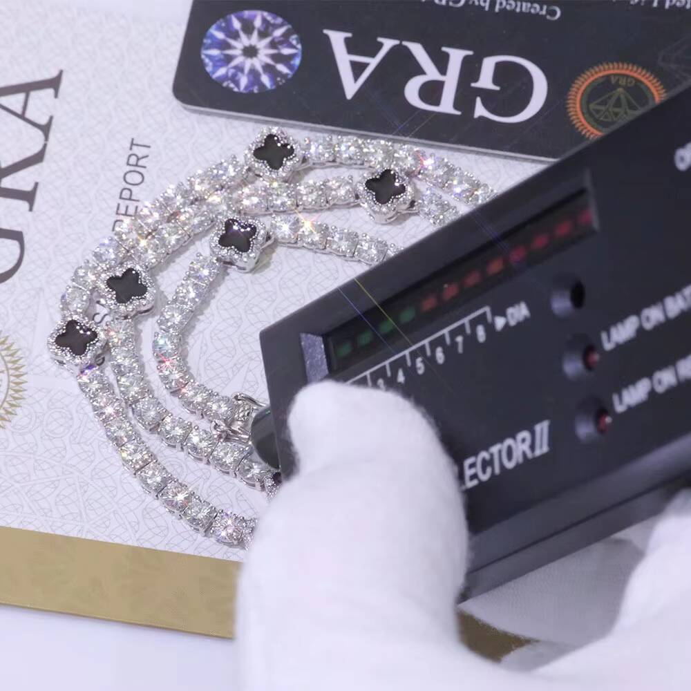 New Arrival 925 Sterling Silver Hip Hop VVS Moissanite 4mm Clover Tennis Chain Necklace Gold Plated Fashion Gift