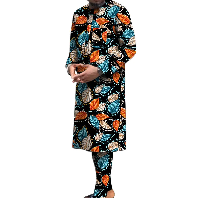 Nigerian Print Men's Set Long Sleeve Shirt & Pant Traditional Robe African Couture Male Wedding/Party Groom Suit