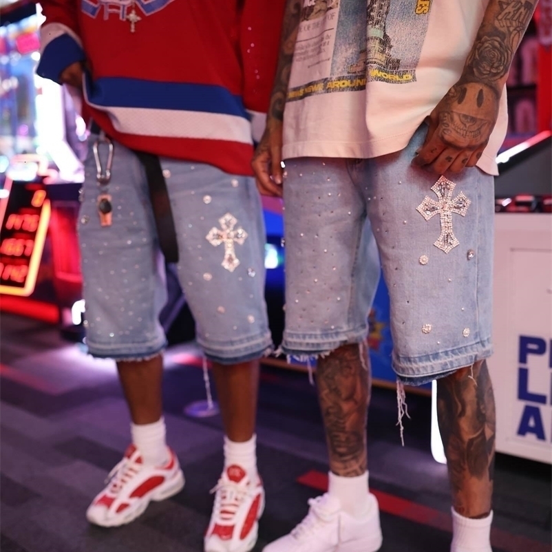 Y2K Gothic Diamond Cross Embroidery Denim Shorts American Retro Blue Gym Shorts Rhinestone Streetwear Hip Hop Men Women Jorts 250901