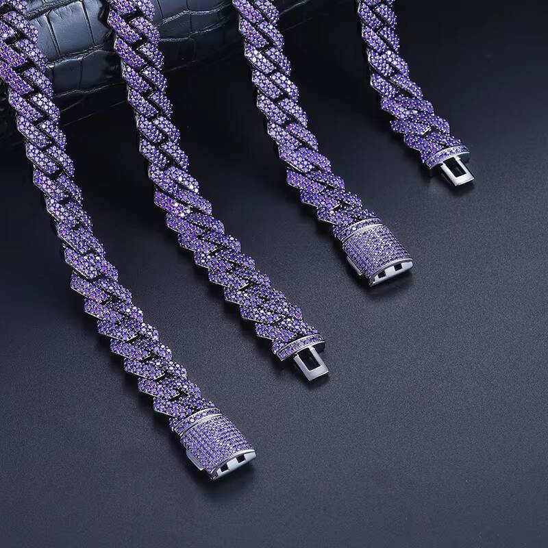 15MM Iced Out Miami Cuban Necklace Gun Black Plated Paved Purple Diamond CZ Prong Cuban Link Chain