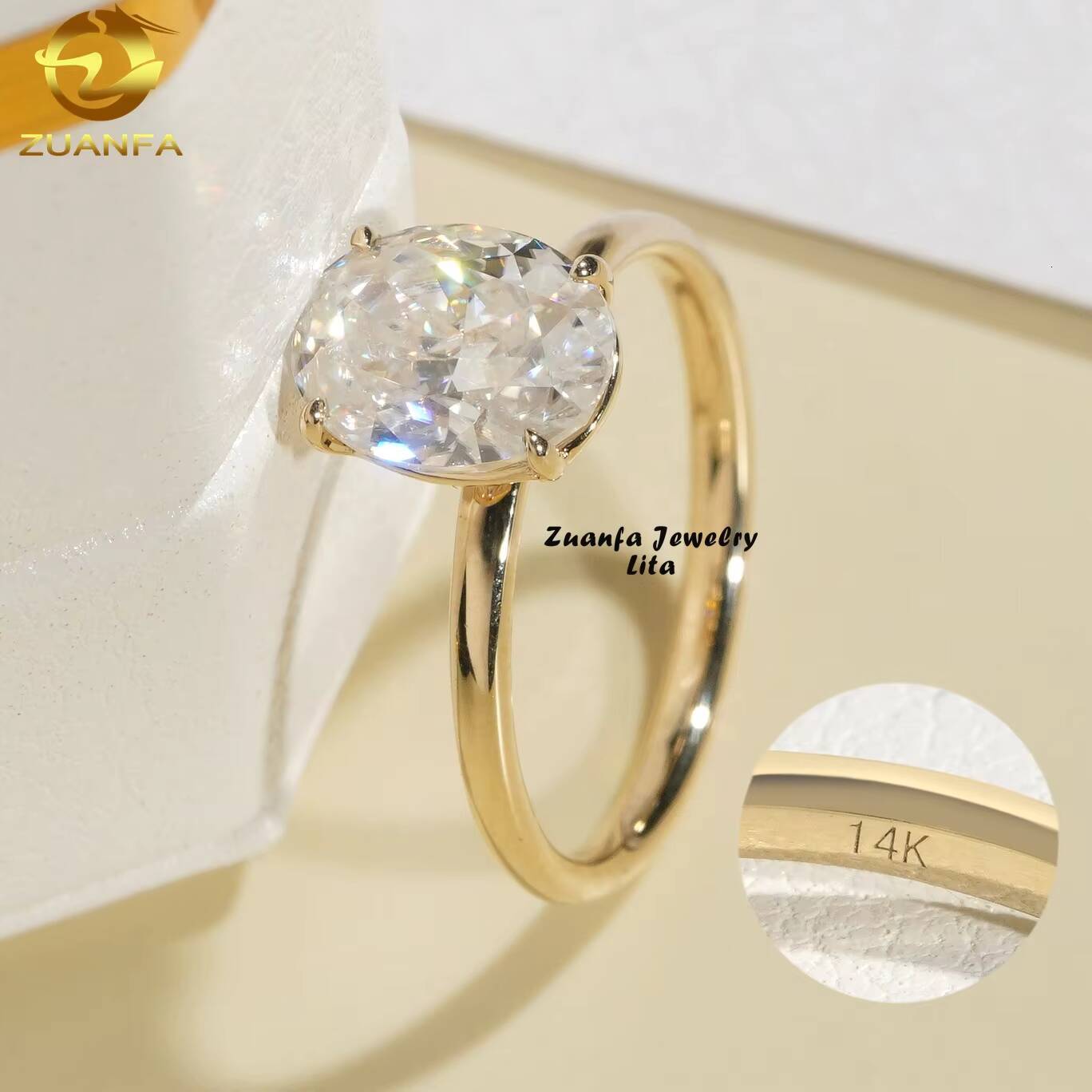 Classic Design 14k Real Gold Oval Cut 2ct Moissanite Diamond Wedding Engagement Rings for Women