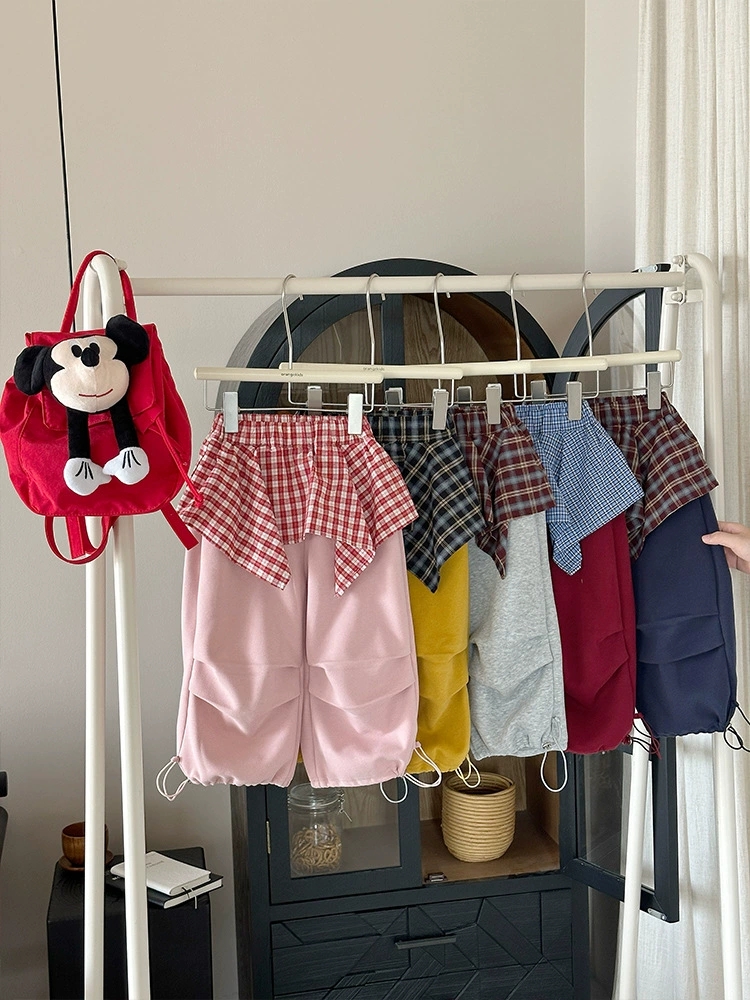 Fashion children plaid Fart curtain trousers girls patchwork color straight-leg pants 2025 autumn kids casual pants S4514