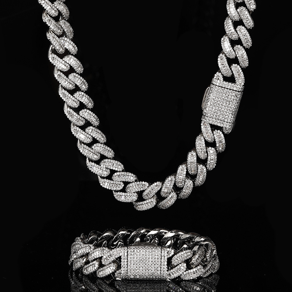 Mens 15mm Box Clasp Miami Cuban Chain Jewelry Iced Out Fully CZ Diamond Baguette Cuban Necklace Chain