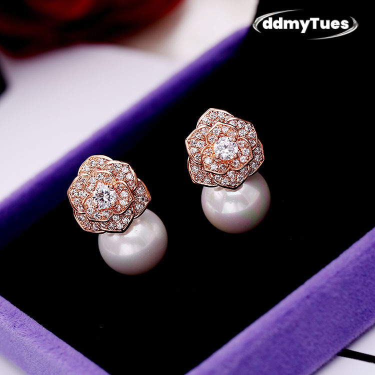 Elegant Freshwater Camellia Flower Earrings for Women Dia Zircon Stud Ball Pearl Earring Fashion Wedding Jewelry Nice Gift ddmythur