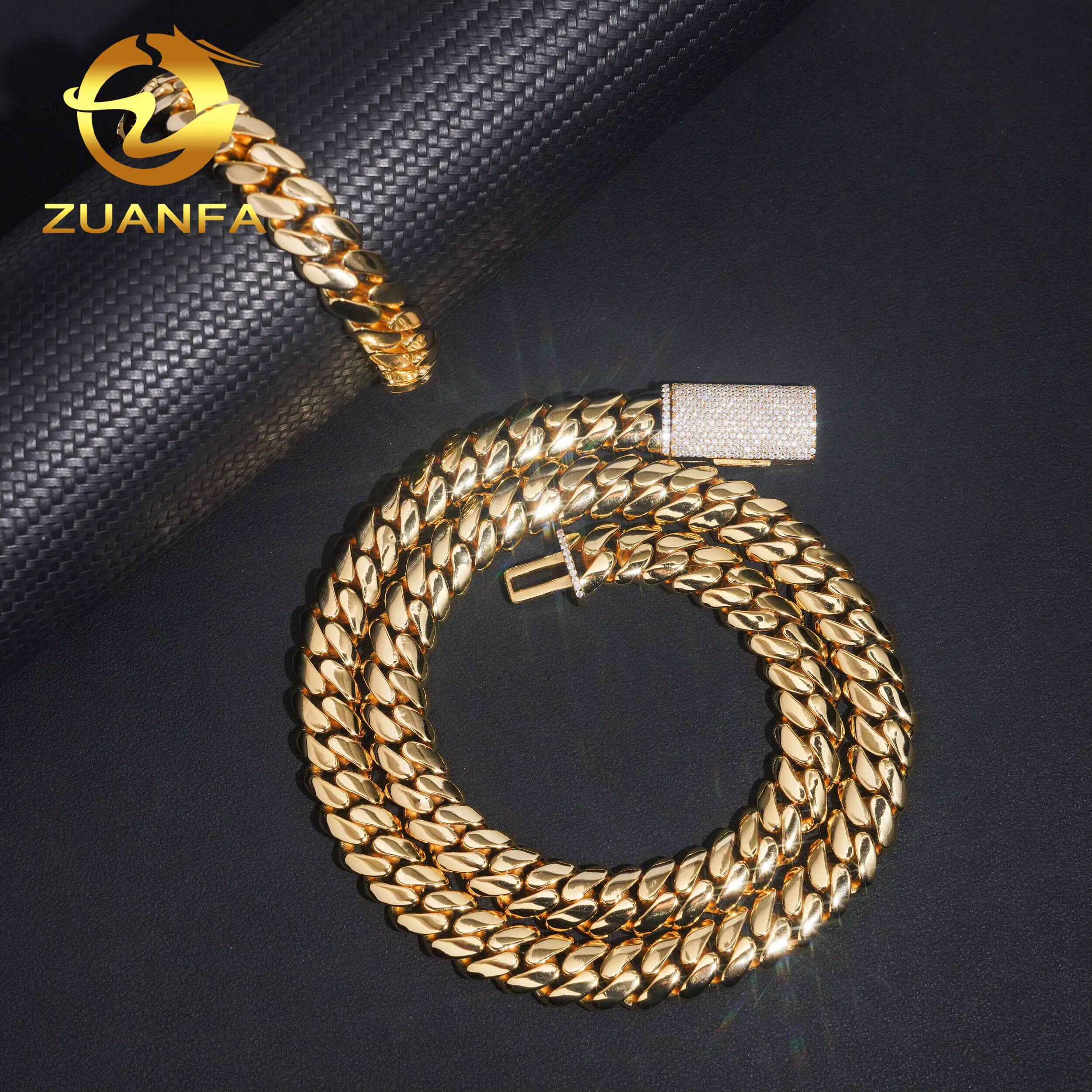 Real Gold Plated 12mm Moissanite Clasp Chain Cuban Links Plain Miami Chain Pass Diamond Tester 925 Cuban Link Chain Necklace