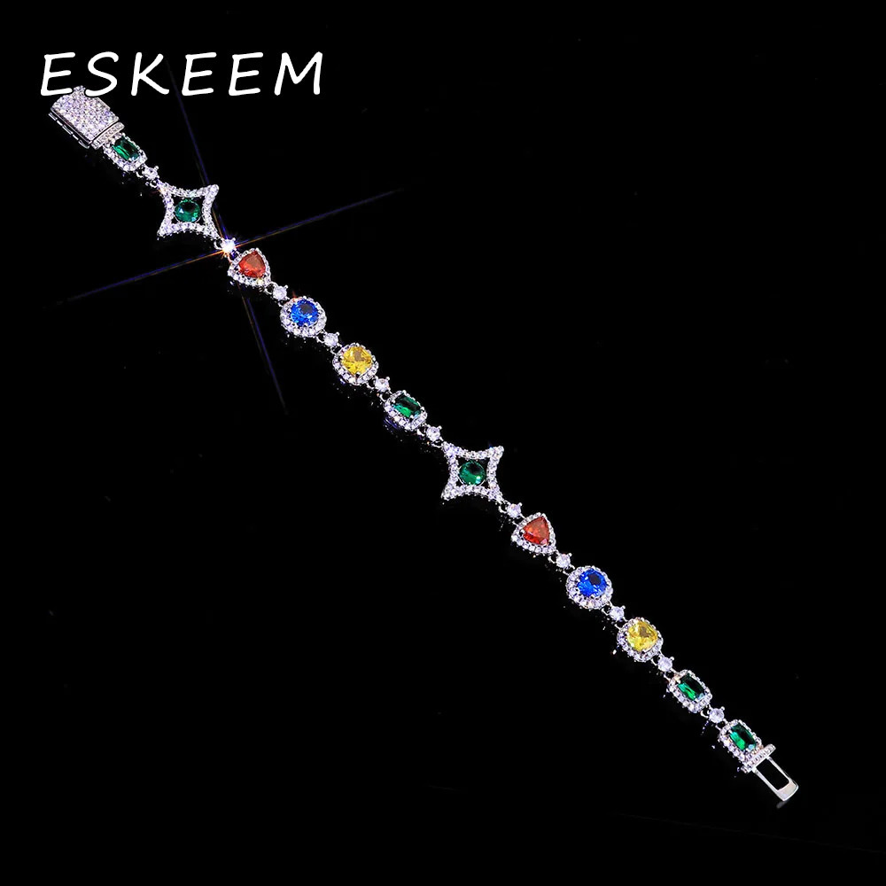 Eskeem Hip Hop Geometric Bracelet Colorful Gemstone Link Chain Multicolored Cubic Zirconia Bling Jewelry Gift