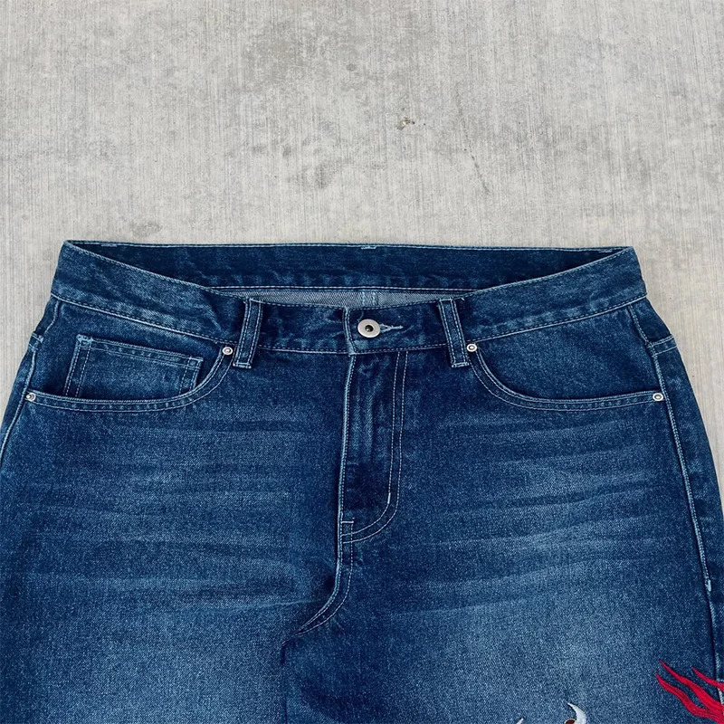Dragon Graffiti Embroidery Dark Blue Loose Wide Leg Distressed Jeans Y2K High Waist Men Women Vintage Casual Daily Streetwear 250901