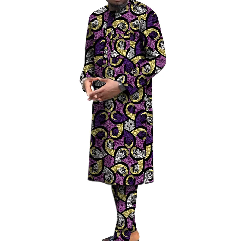 Nigerian Print Men's Set Long Sleeve Shirt & Pant Traditional Robe African Couture Male Wedding/Party Groom Suit