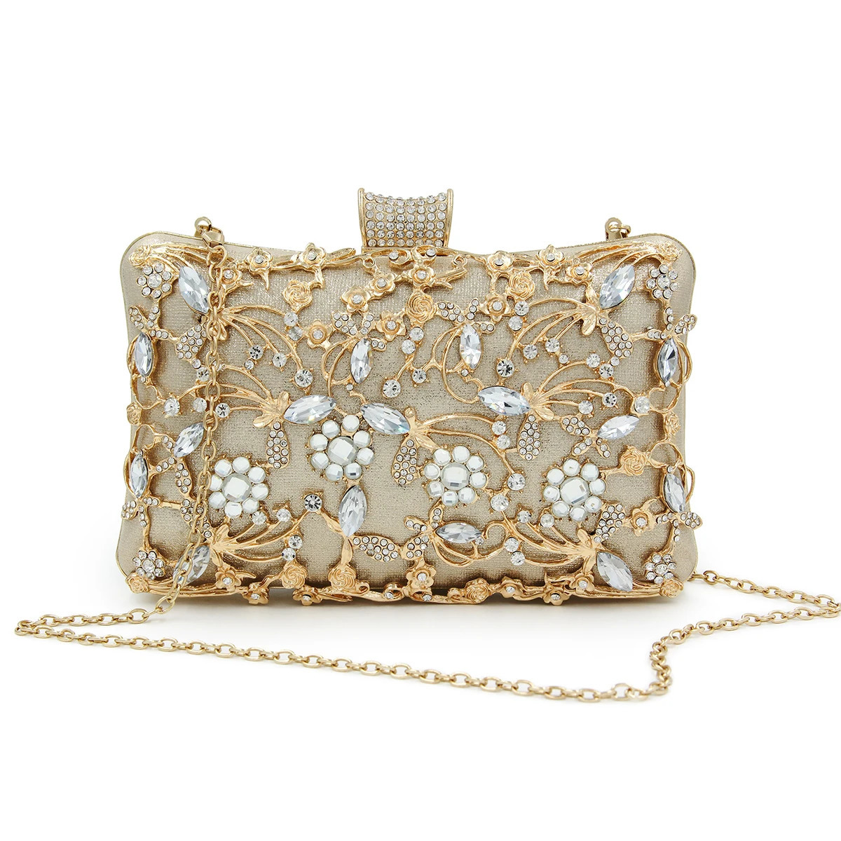 Shining Rhinestone Flower Plant Decoration Buckle Hard Box Small Bag Classy Texture Handmade Gold Inlaid Womens Clutch Evening 250908