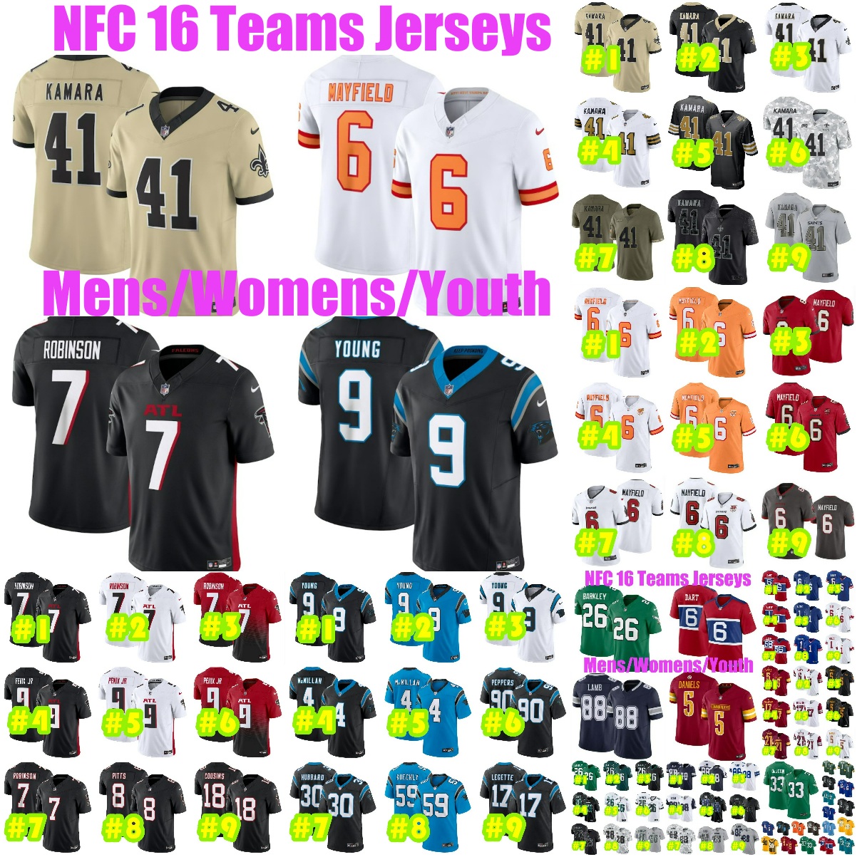 16NFCteam Baker Mayfield Ain Kamara Football Jersey Chris Olave Bijan Robinson Michael Penix Jr Kyle Pitts Bryce Young Tetairoa illan Mike E Cheap Jerseys