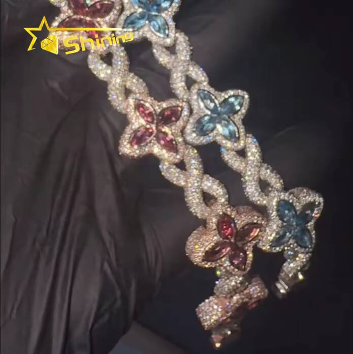 Hot Sale Popular Shining Hip Hop 925 Silver Pink Blue Marquise Infinity Cuban Link Moissanite Bracelet
