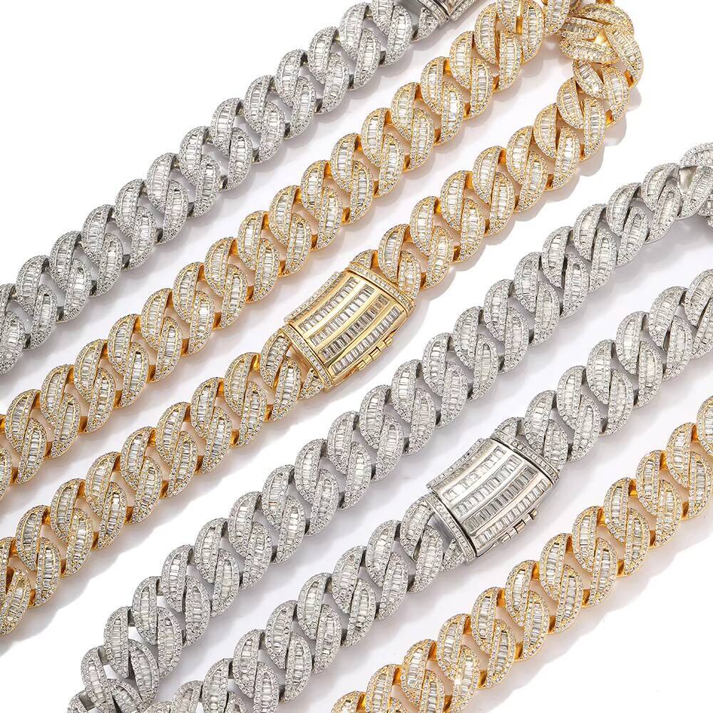 Hip Hop Men Chunky Necklace Iced Out Bling CZ Thick Heavy 15mm Baguette Prong Cuban Link Chain