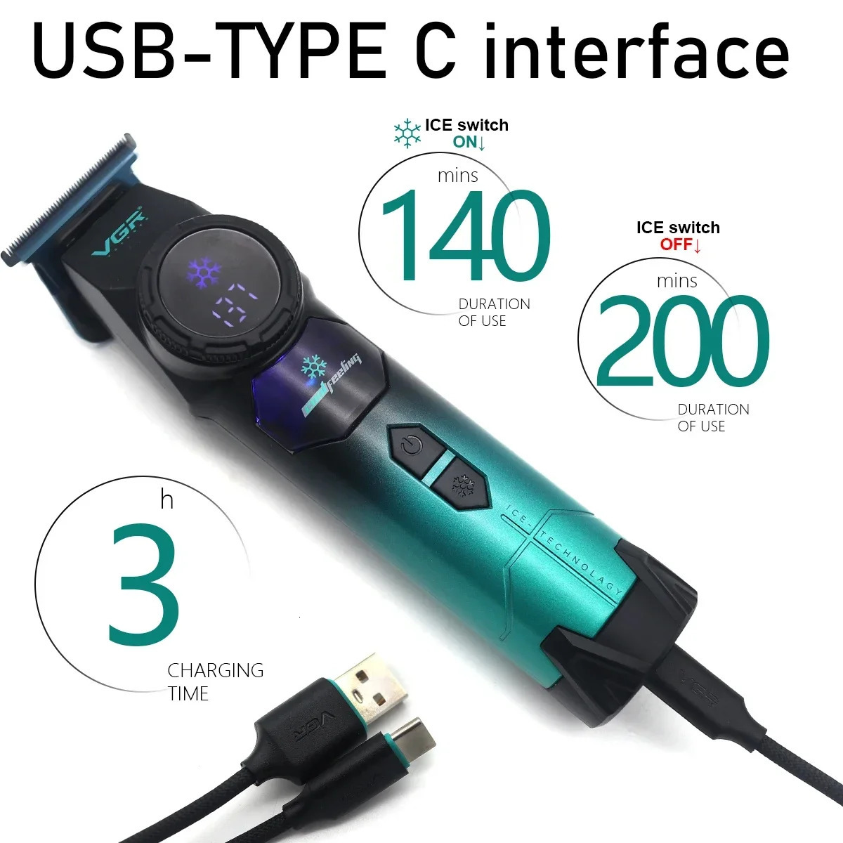 VGR V9 Professional Ice Tech Hair Trimmer DLC Blade 0 Gap 8000RPM Brushless Blue Ceramic For Men Beard Trimming Grooming 250825