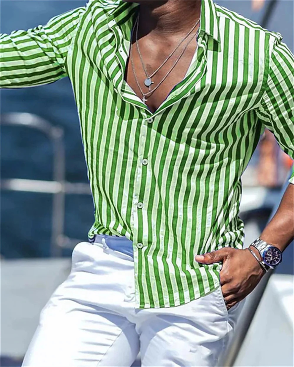 Mens Long sleeved Blue Stripe Printed Shirt Social Mens Wear Hawaii Elegant Classic Fashion Solid Color 250829