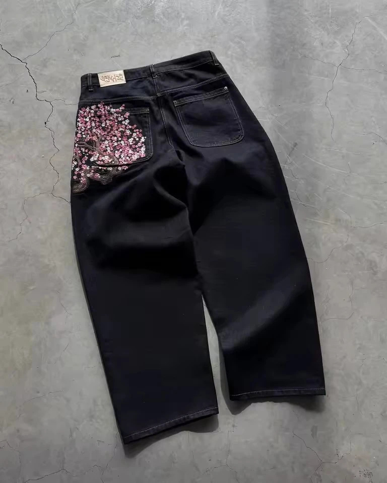 Mens Womens Vintage Sakura Jeans Y2K Clothes Harajuku Gothic Hip Hop Sakura Embroidery Baggy Jeans Black Pants Wide Leg Trousers 250901