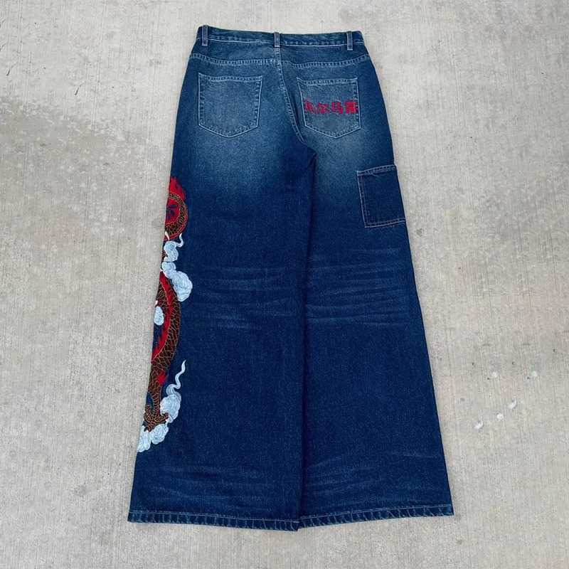 Dragon Graffiti Embroidery Dark Blue Loose Wide Leg Distressed Jeans Y2K High Waist Men Women Vintage Casual Daily Streetwear 250901