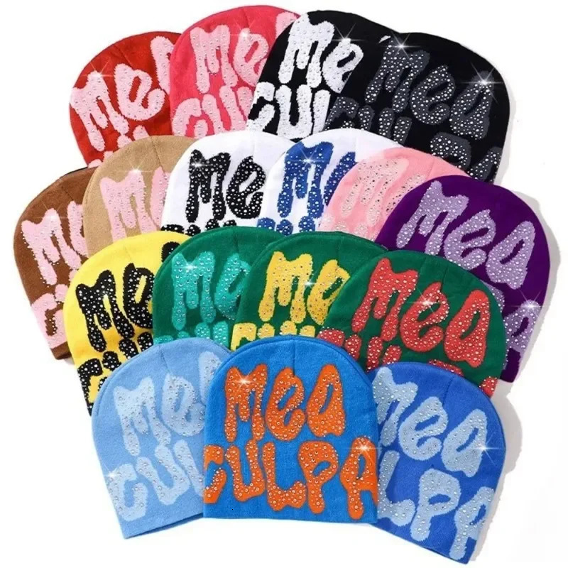 Y2K MEA Culpa Beanies Hat with Rhinestone for Women Men Beanies Hats Hiphop Soft Stretch Warm Knitted Slouchy Cap 250901