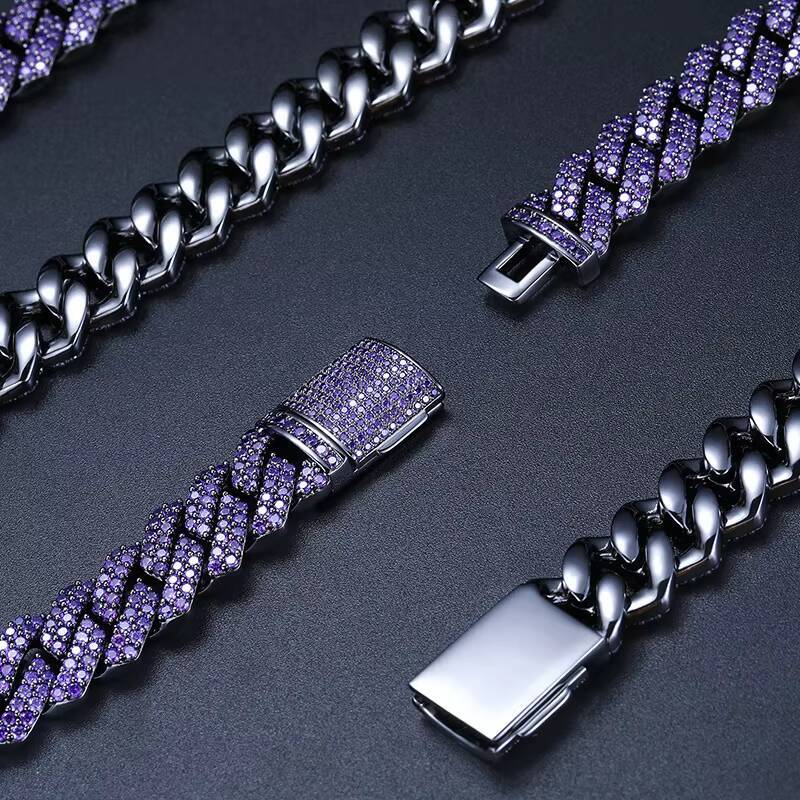 15MM Iced Out Miami Cuban Necklace Gun Black Plated Paved Purple Diamond CZ Prong Cuban Link Chain