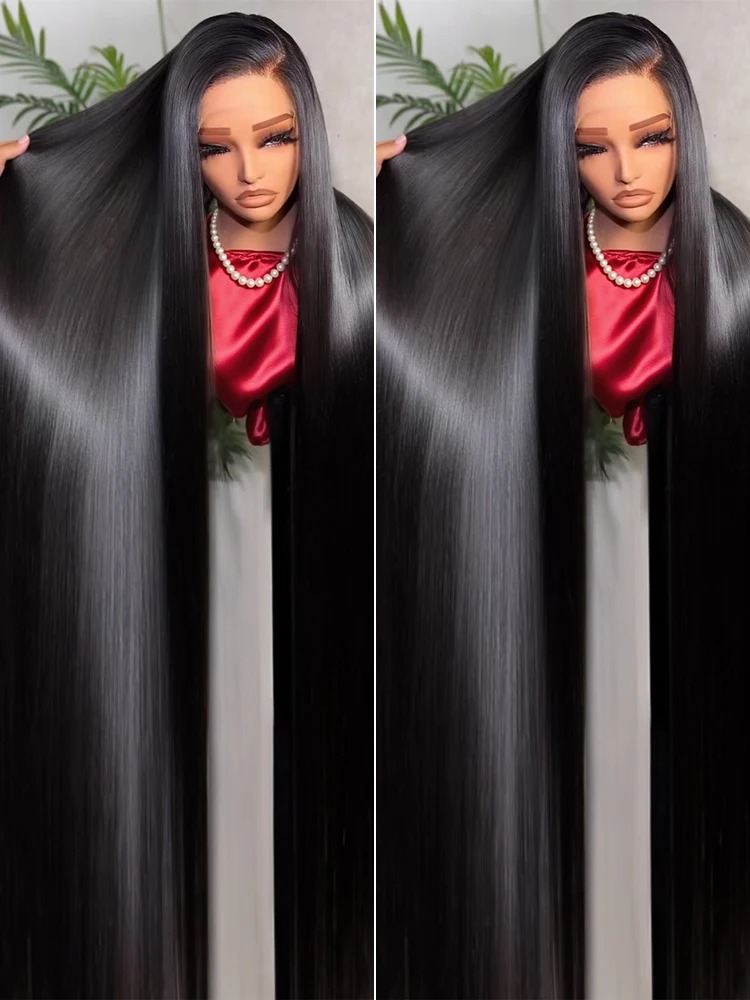 40 Inch Wear And Go HD Lace Straight Human Hair Wig Black Pre-Cut 13x6 Lace Frontal Wig 300% Density 360 Full Lace Front Wig Glueless Wigs