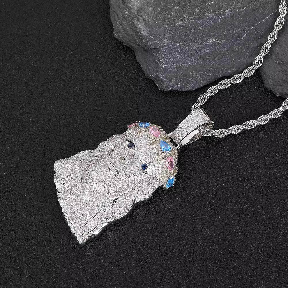 Iced Out Hip Hop Charm Pendant Jesus Piece Custom Rainbow Big Heavy Jesus Head Pendant Necklace