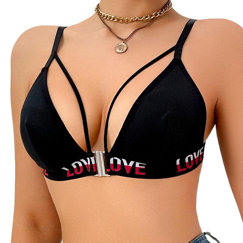 Sexy Black Deep V Bra with 'LOVE' Lettering and Metal Accent